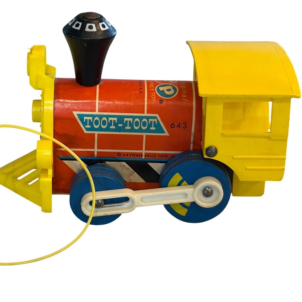 1960s Fisher-Price Toot-Toot Train 643 Pull Toy Wood Plastic Red Yellow Blue
